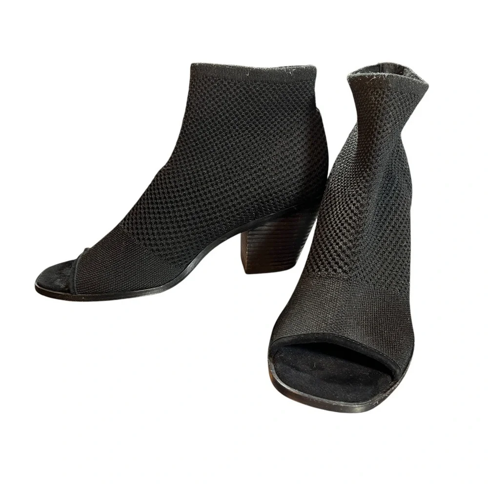 Eileen Fisher Boots Black Open Toe Stretch Knit Chunky Heel‎ Sock Boot Size 9.5